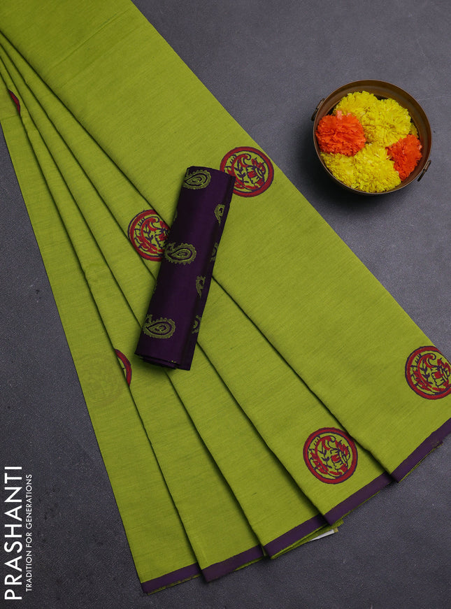 Lime Green & Purple Semi Silk Cotton Saree - Printed