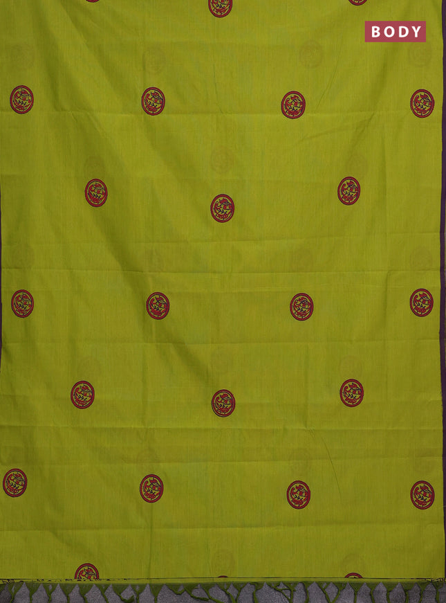 Lime Green & Purple Semi Silk Cotton Saree - Printed