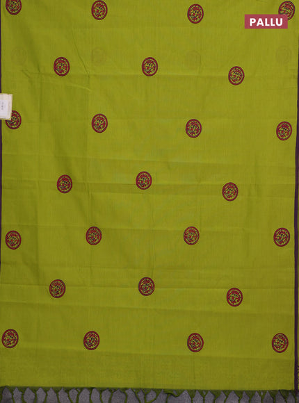 Lime Green & Purple Semi Silk Cotton Saree - Printed