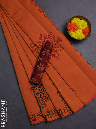 Sunset Orange & Maroon Semi Silk Cotton Saree - Printed