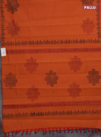 Sunset Orange & Maroon Semi Silk Cotton Saree - Printed