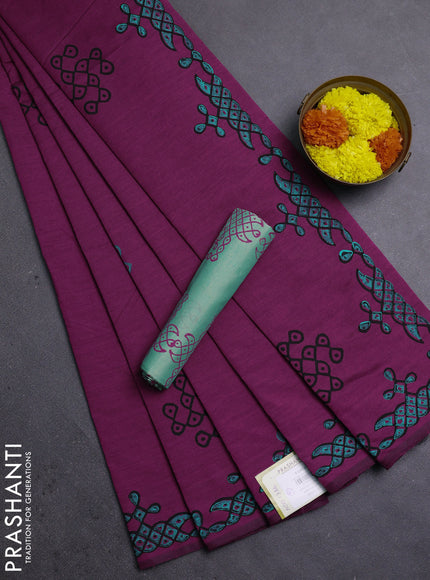 Magenta Pink & Teal Green Semi Silk Cotton Saree - Printed