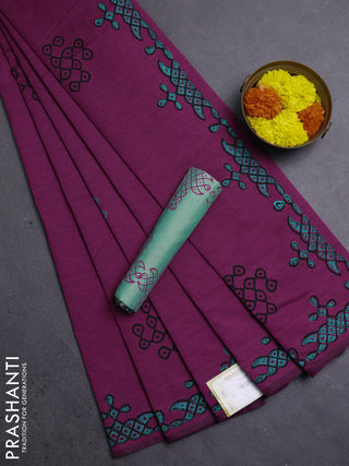 Magenta Pink & Teal Green Semi Silk Cotton Saree - Printed