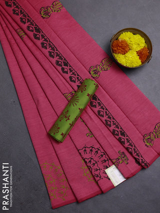 Pink & Green Semi Silk Cotton Saree - Printed