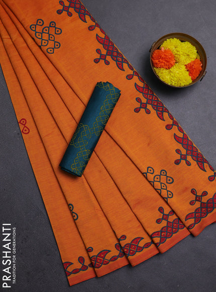 Sunset Orange & Teal Green Semi Silk Cotton Saree - Printed