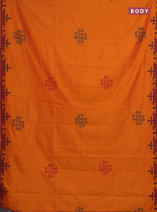 Sunset Orange & Teal Green Semi Silk Cotton Saree - Printed