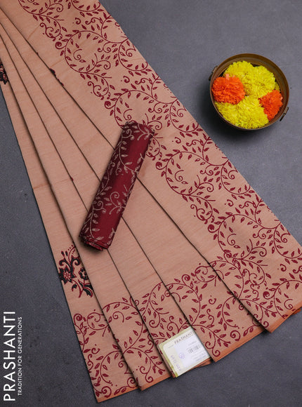 Peach & Maroon Semi Silk Cotton Saree - Printed