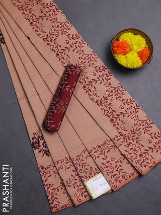 Peach & Maroon Semi Silk Cotton Saree - Printed