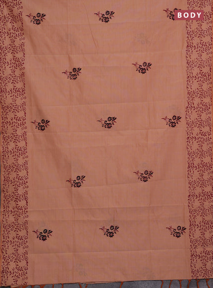 Peach & Maroon Semi Silk Cotton Saree - Printed