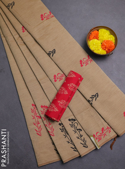 Beige & Red Semi Silk Cotton Saree - Printed