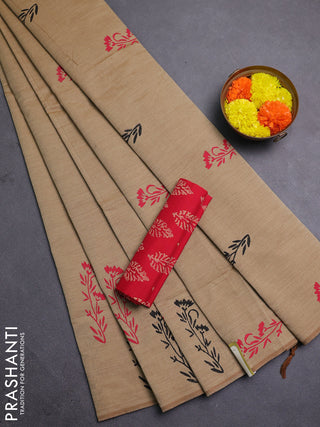 Beige & Red Semi Silk Cotton Saree - Printed