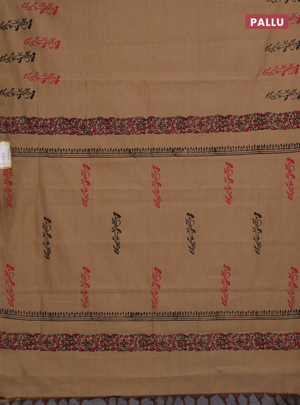Beige & Red Semi Silk Cotton Saree - Printed