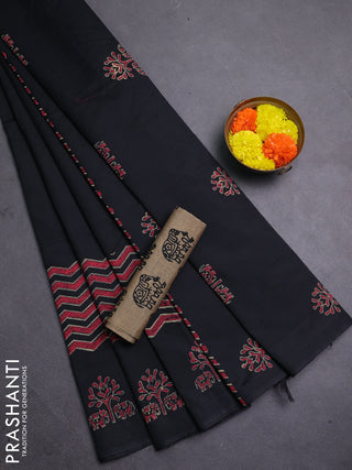 Black & Chiku Semi Silk Cotton Saree - Printed