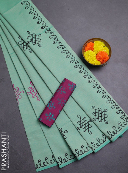 Teal Green & Pink Semi Silk Cotton Saree - Printed