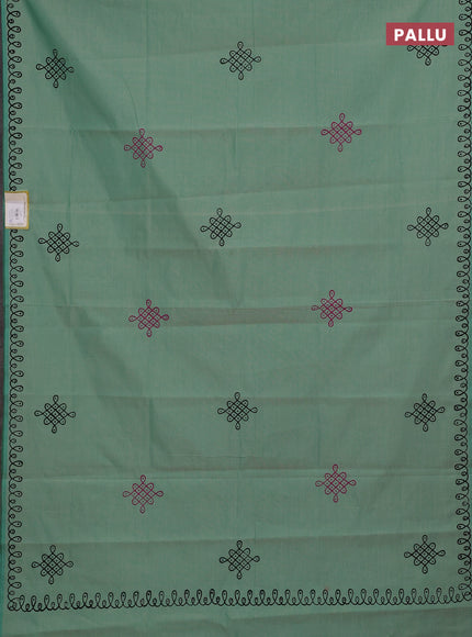Teal Green & Pink Semi Silk Cotton Saree - Printed