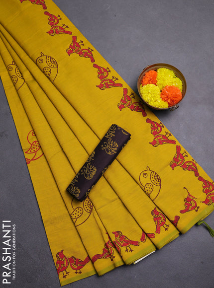 Mustard Yellow & Coffee Brown Semi Silk Cotton Saree - Printed