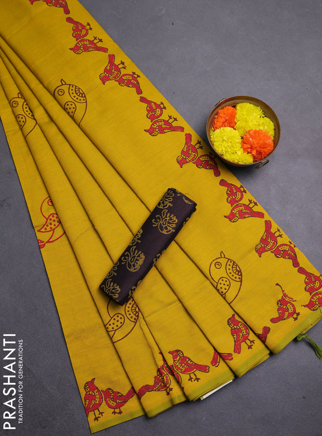 Mustard Yellow & Coffee Brown Semi Silk Cotton Saree - Printed