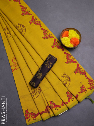 Mustard Yellow & Coffee Brown Semi Silk Cotton Saree - Printed