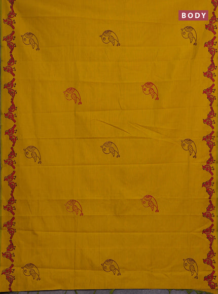 Mustard Yellow & Coffee Brown Semi Silk Cotton Saree - Printed