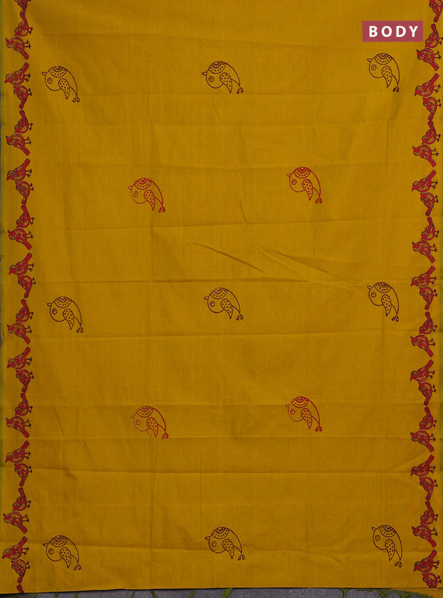 Mustard Yellow & Coffee Brown Semi Silk Cotton Saree - Printed