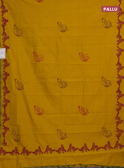 Mustard Yellow & Coffee Brown Semi Silk Cotton Saree - Printed