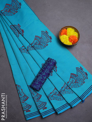 Teal Blue & Blue Semi Silk Cotton Saree - Printed