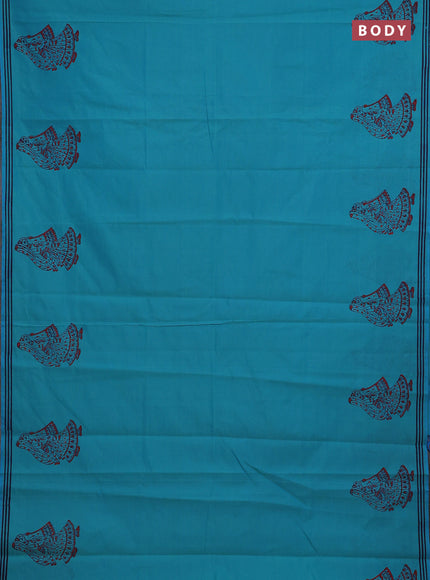 Teal Blue & Blue Semi Silk Cotton Saree - Printed