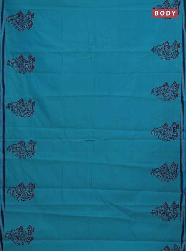 Teal Blue & Blue Semi Silk Cotton Saree - Printed