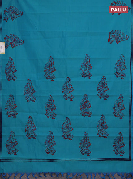 Teal Blue & Blue Semi Silk Cotton Saree - Printed