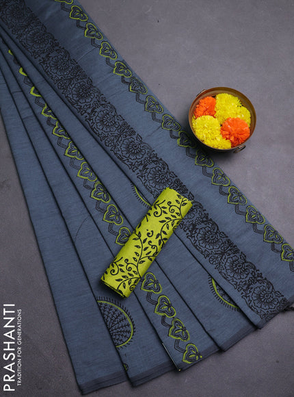 Grey & Lime Green Semi Silk Cotton Saree - Printed