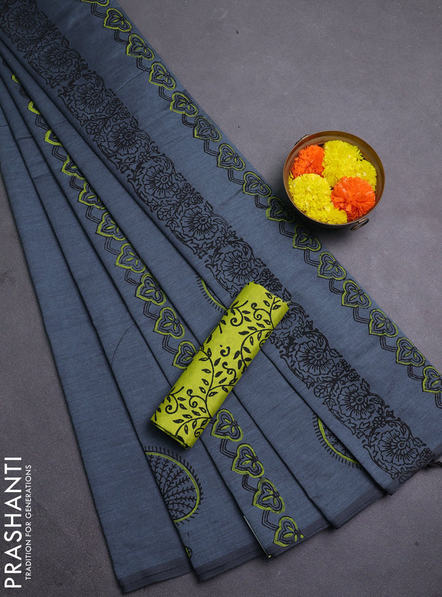 Grey & Lime Green Semi Silk Cotton Saree - Printed
