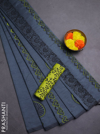 Grey & Lime Green Semi Silk Cotton Saree - Printed