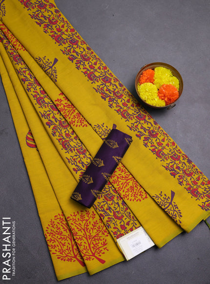 Mustard Yellow & Purple Semi Silk Cotton Saree - Printed