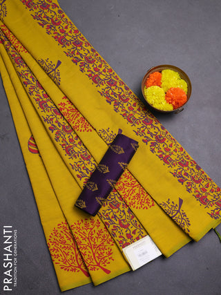 Mustard Yellow & Purple Semi Silk Cotton Saree - Printed