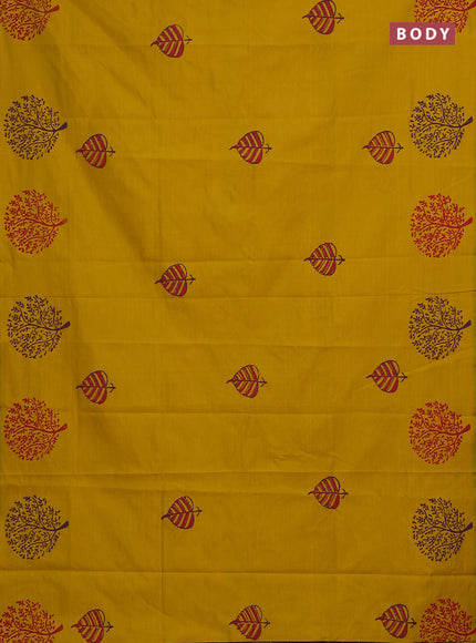 Mustard Yellow & Purple Semi Silk Cotton Saree - Printed