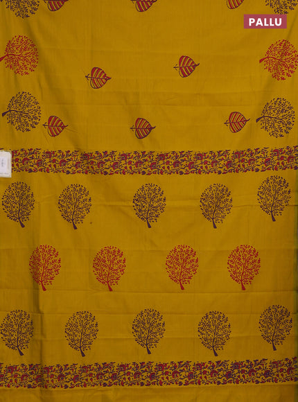 Mustard Yellow & Purple Semi Silk Cotton Saree - Printed