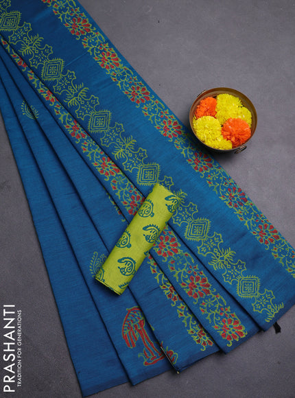 Peacock Blue & Lime Green Semi Silk Cotton Saree - Printed