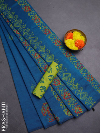 Peacock Blue & Lime Green Semi Silk Cotton Saree - Printed