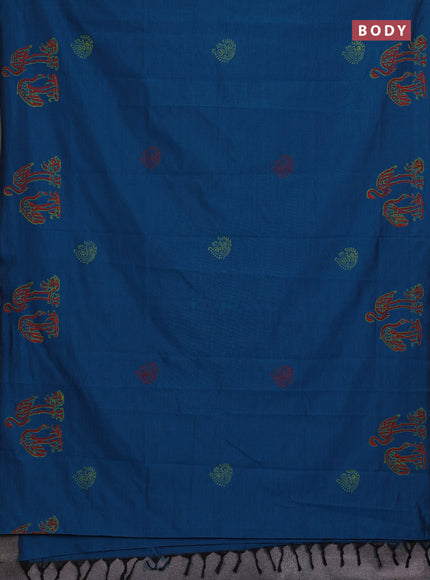 Peacock Blue & Lime Green Semi Silk Cotton Saree - Printed