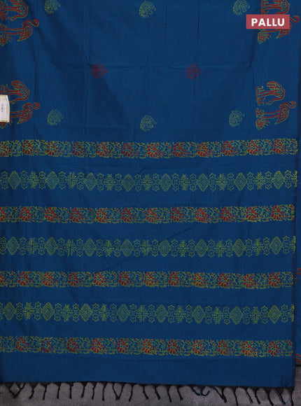 Peacock Blue & Lime Green Semi Silk Cotton Saree - Printed