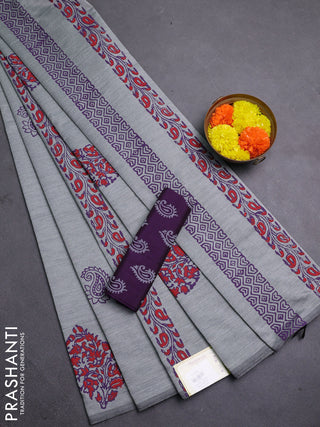 Grey & Purple Semi Silk Cotton Saree - Printed