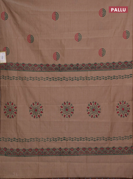 Sandal & Green Semi Silk Cotton Saree - Printed