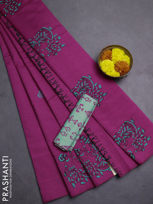 Pink & Teal Green Semi Silk Cotton Saree - Printed