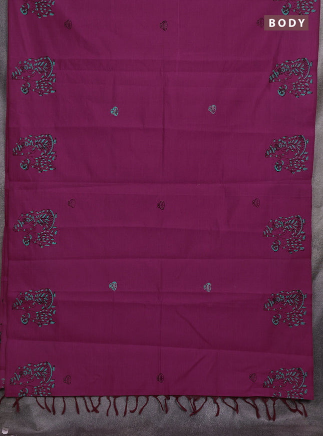 Pink & Teal Green Semi Silk Cotton Saree - Printed