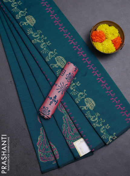 Teal Green & Peach Semi Silk Cotton Saree - Printed
