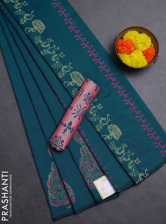 Teal Green & Peach Semi Silk Cotton Saree - Printed