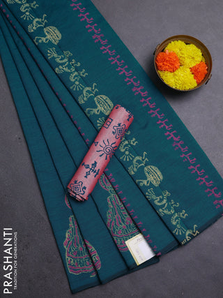 Teal Green & Peach Semi Silk Cotton Saree - Printed