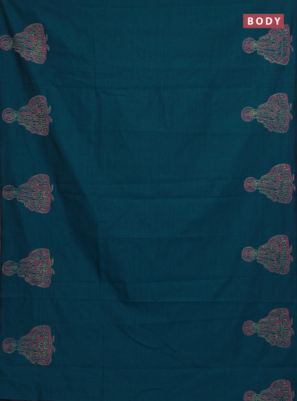Teal Green & Peach Semi Silk Cotton Saree - Printed