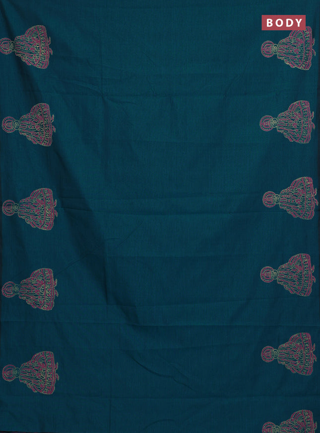 Teal Green & Peach Semi Silk Cotton Saree - Printed