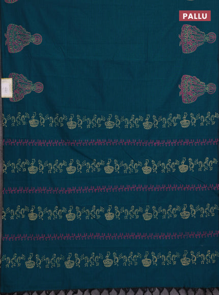 Teal Green & Peach Semi Silk Cotton Saree - Printed